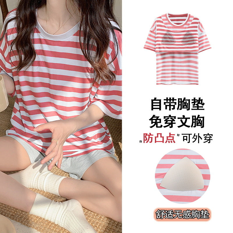 A 2024 Modal pajamas women's summer thin short-sleeved shorts anti-bumps with chest pads loungewear suit can be worn outside