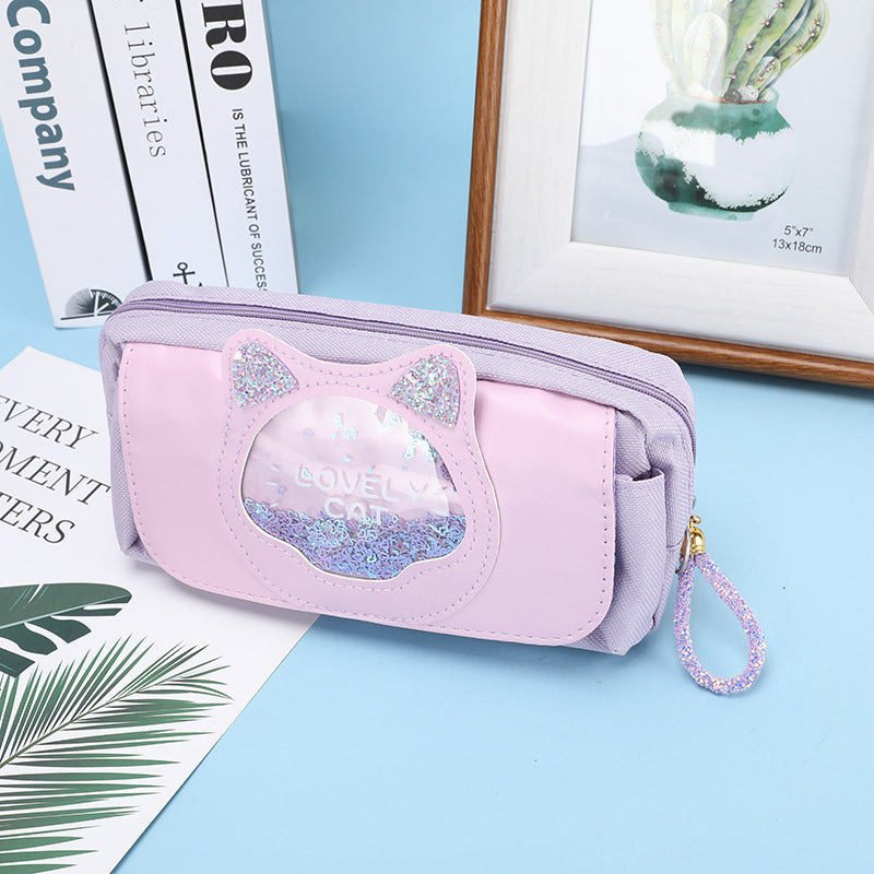 A quicksand cute stationery bag multi-functional stationery box large-capacity pencil case high-value pencil case girl's heart stationery bag