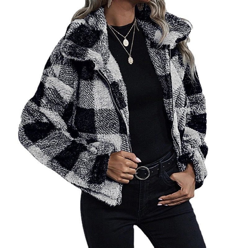 Chaqueta de felpa para mujer, camisa de cuadros con solapa y cremallera, top de invierno