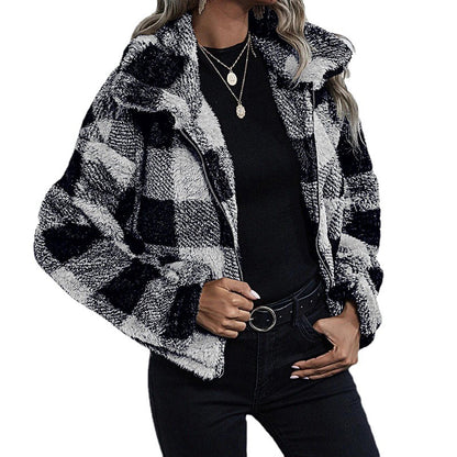 Plush Jacket Women's Fashion Lapel Plaid Zipper Shirt Winter Top