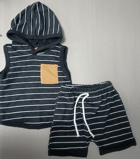 Children's sleeveless hooded striped printed vest top+summer casual drawstring shorts 2-piece set of 0.25kg