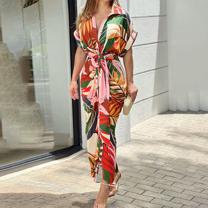 A 2024 Amazon INS summer European and American cross-border women's clothing printed lapel collar short sleeve high waist long shirt dress