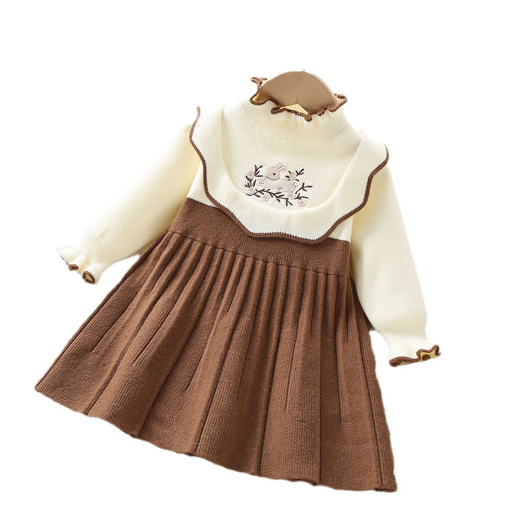 A girls dress autumn and winter new Korean version cute baby rabbit embroidered children's wool long-sleeved doll dress