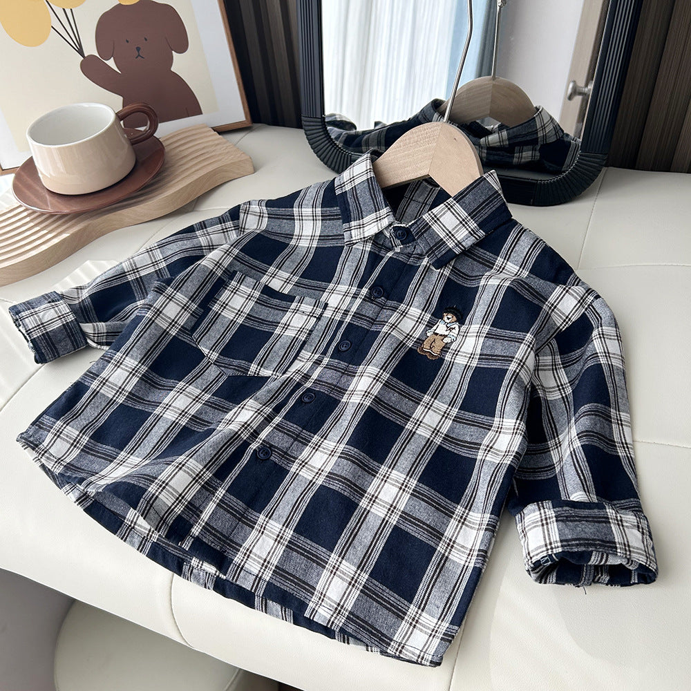 Spring Children's Wear Boys Children's Cotton Plaid Medium and Big Kids Cartoon Long Sleeve Shirt Shirt 0.16KG