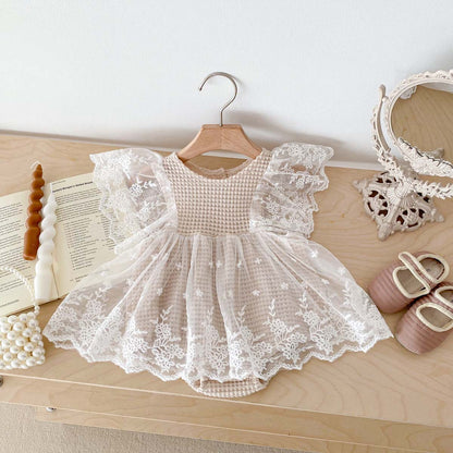 A Baby Bodysuit Korean Edition Girl Baby Lace Summer Flying Sleeves Wrapped Fart Coat Newborn Centenary Princess Harp Dress