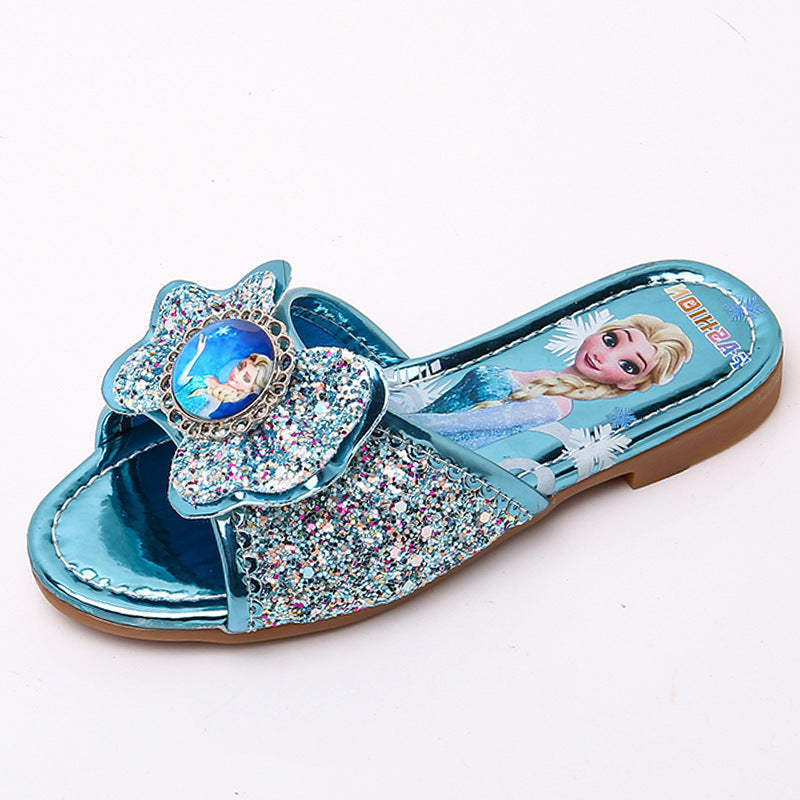 Zapatillas para niños, verano 2023, nuevas niñas, Princesa Elsa, niñas coreanas, zapatos planos para interiores y exteriores con diamantes de imitación. 