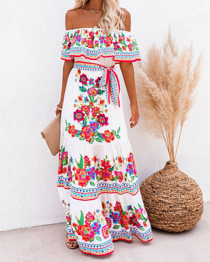 A 2024 European, American spring and summer independent station Amazon's new one-word shoulder red flower printing long pendulum dress