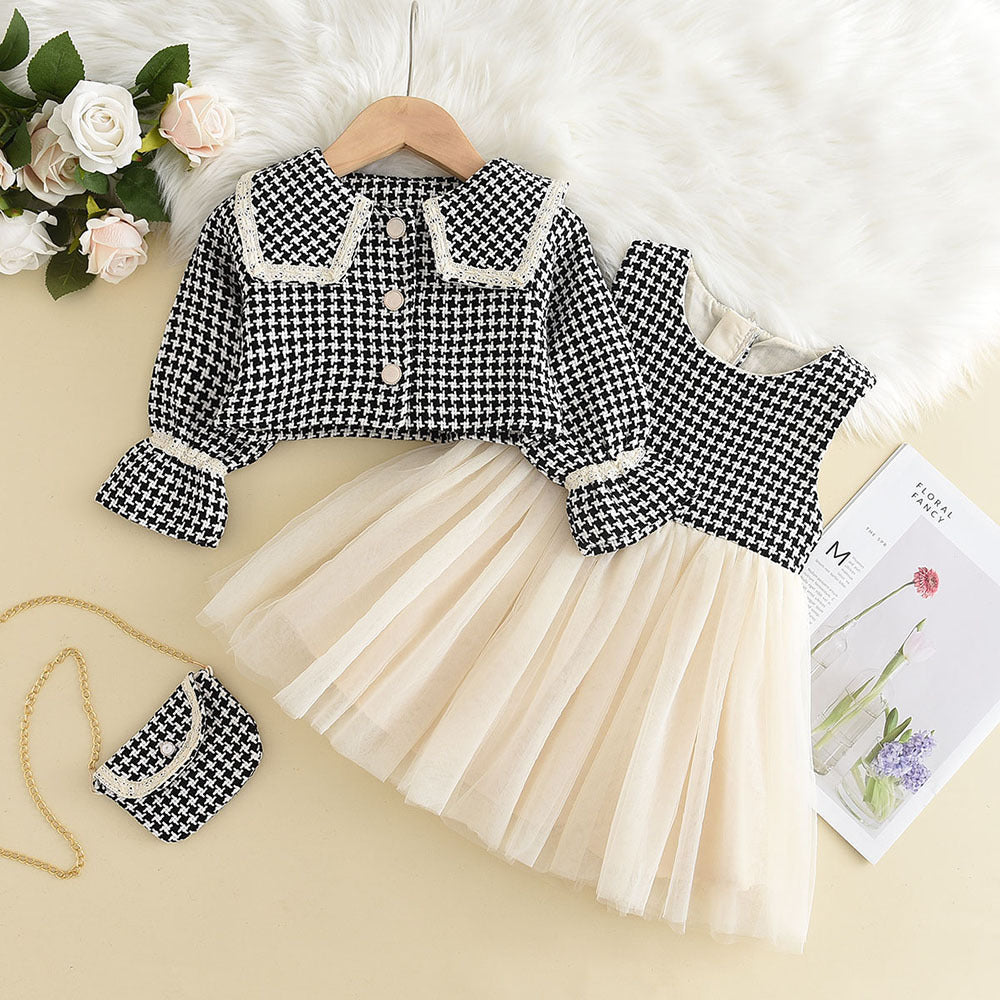 Qianniao grid large lapel jacket+patchwork mesh skirt girl set autumn and winter new small fragrant style children's clothing replacement 0.5kg