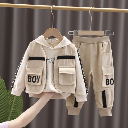 A children's clothing boys spring and autumn long-sleeved set baby 1-4 years old vest cardigan overalls three-piece set manufacturer wholesale 2