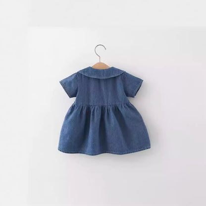 A summer new children&#039;s clothing wholesale doll collar bow short sleeve denim skirt 1 piece on behalf of.