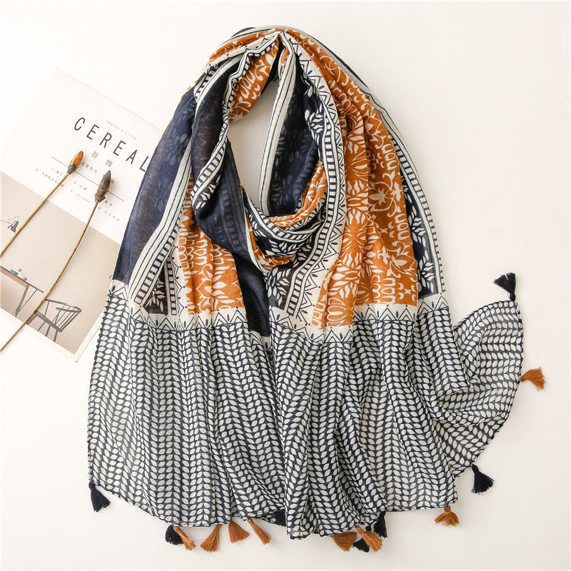 A Yitao Scarf Creative Ethnic Style Cotton and Hemp Hand Feel Scarf Women's Orange Wheat tassel Tourist Beach Scarf Shawl