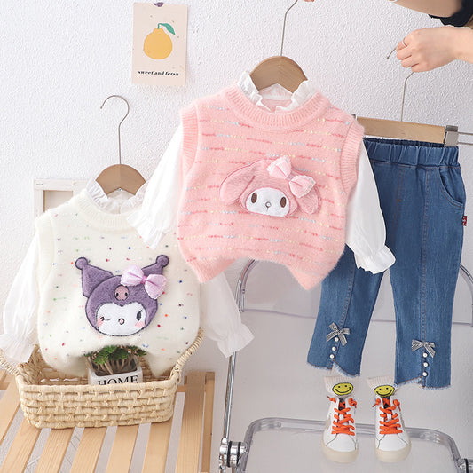 A new cartoon set girls sweater spring children's autumn sweater vest set three-piece wholesale