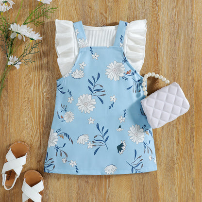 A Amazon summer small children's cotton pit strip flying sleeve pullover top print strap skirt girl set one piece dropshipping