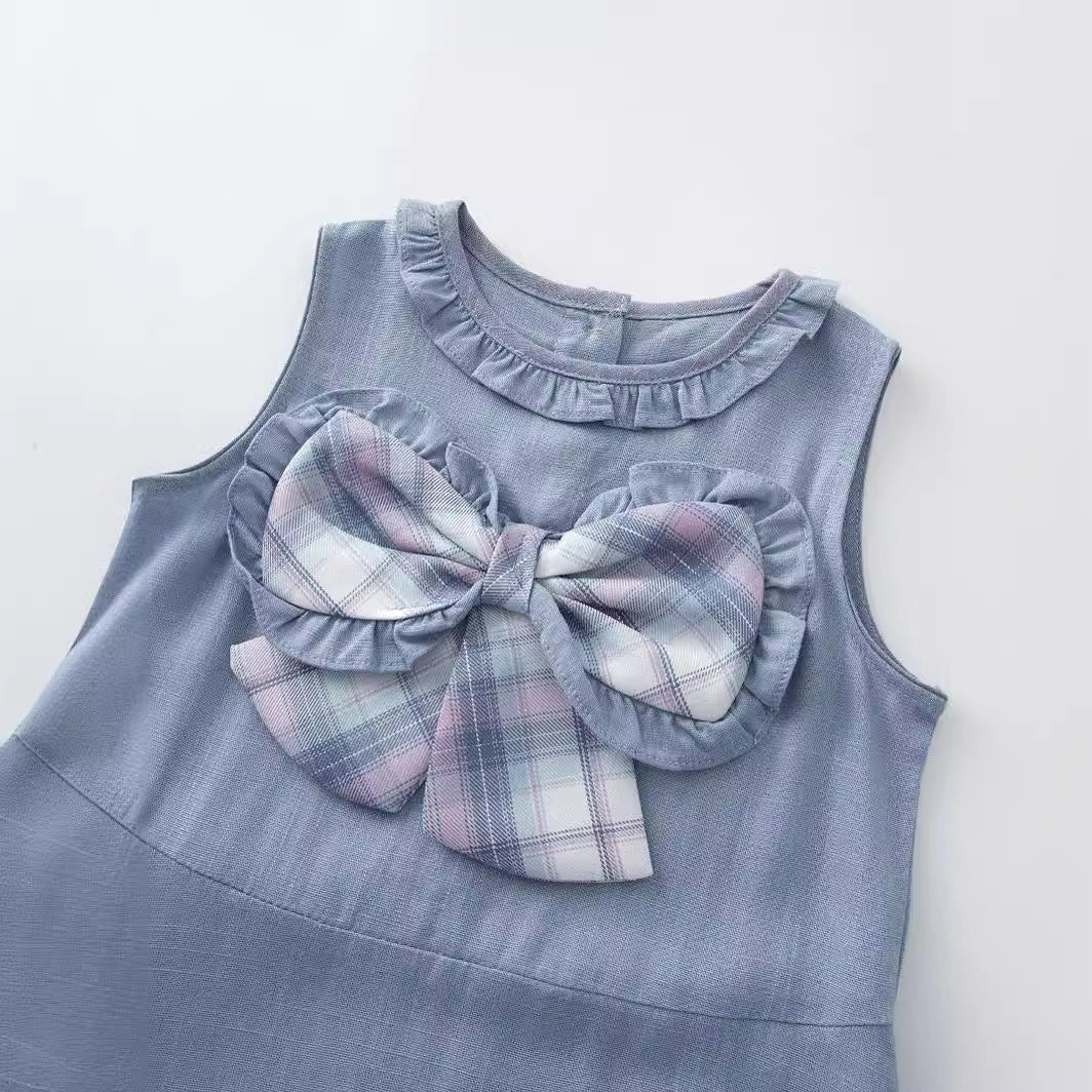 A 2024 summer girl baby cotton and linen sleeveless vest skirt dress plaid contrast cardigan bow princess skirt in