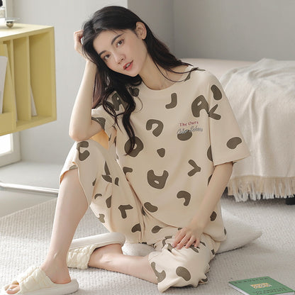 A pajamas women's summer cartoon pure cotton short-sleeved cropped pants casual loose round neck can be worn outside summer loungewear suit