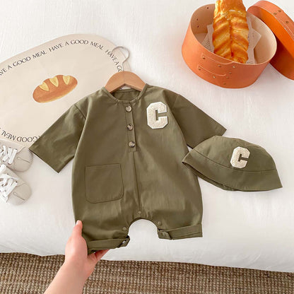 A 2024 Spring Korean version of the baby crawling clothes, boys' workwear, loose onesies, children's long-sleeved clothes, and hats