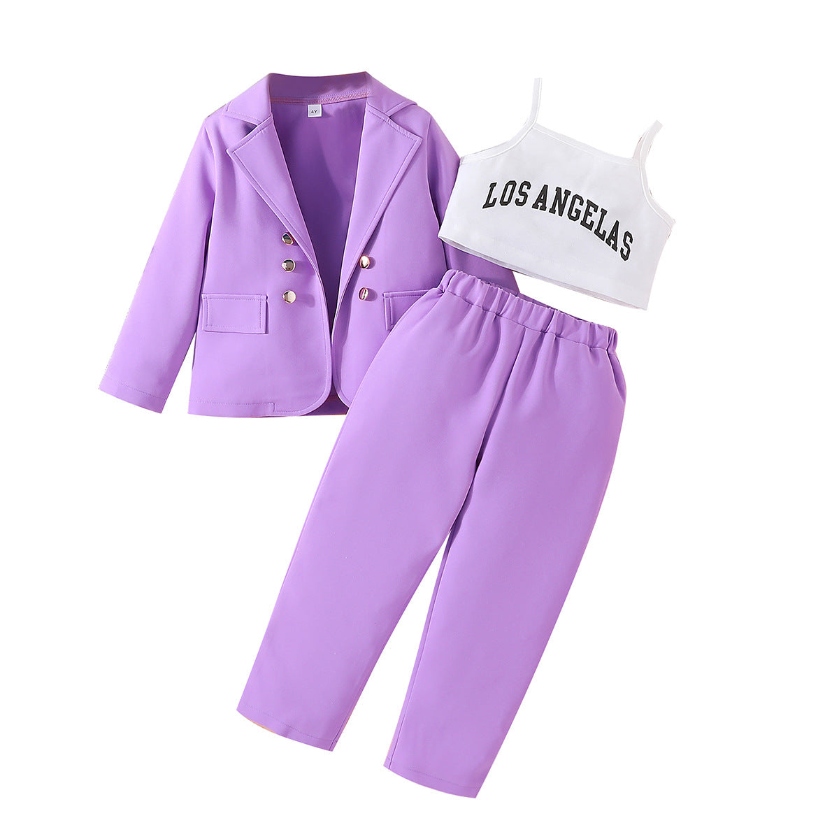 Conjunto de tres piezas de chaqueta de manga larga + camiseta sin mangas + pantalón largo para niña, ropa infantil con letras, primavera y otoño, 0,27 kg