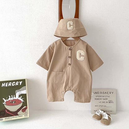 A 2024 Spring Korean version of the baby crawling clothes, boys' workwear, loose onesies, children's long-sleeved clothes, and hats