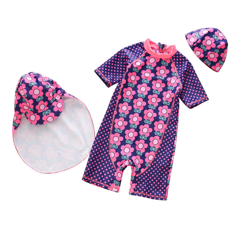 Ropa de baño para niños de una fábrica transfronteriza, ropa de baño de una pieza para niñas en aguas termales, protección solar, colección de flores frescas de manga corta, conjunto de 3 piezas, 0,15 kg 