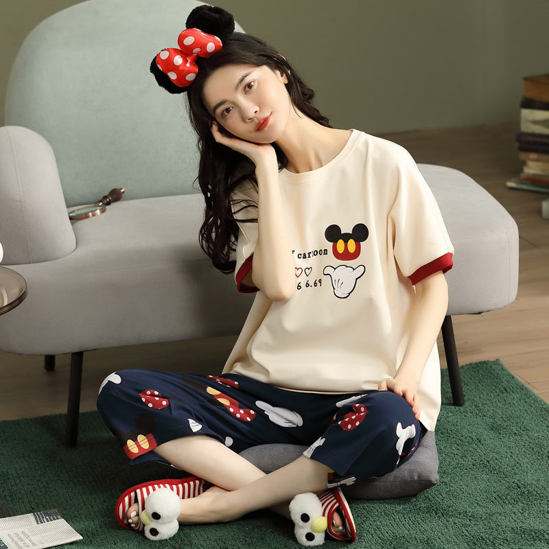 A pajamas women's summer cartoon pure cotton short-sleeved cropped pants casual loose round neck can be worn outside summer loungewear suit