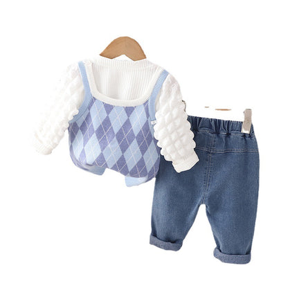 A children's set female flower cute sweet wind candy color sweater vest three-piece set new spring and autumn baby set