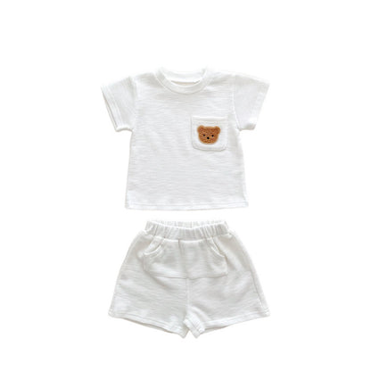 A summer thin baby Korean short-sleeved shorts cotton and linen pit strip suit for boys and girls round neck pullover two-piece suit