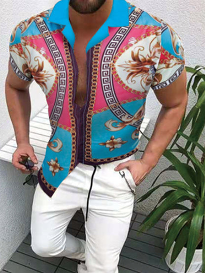 A 2023 Cross border Factory Direct Sales Summer New Ethnic Style Men's Short sleeved Shirts Ethnic Printed Cardigan Top