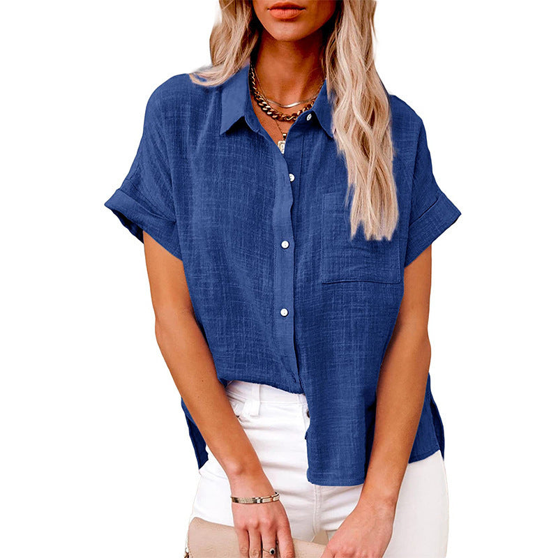 A Amazon wish summer new European and American cross-border women's clothing solid color linen shirt short sleeve casual loose shirt