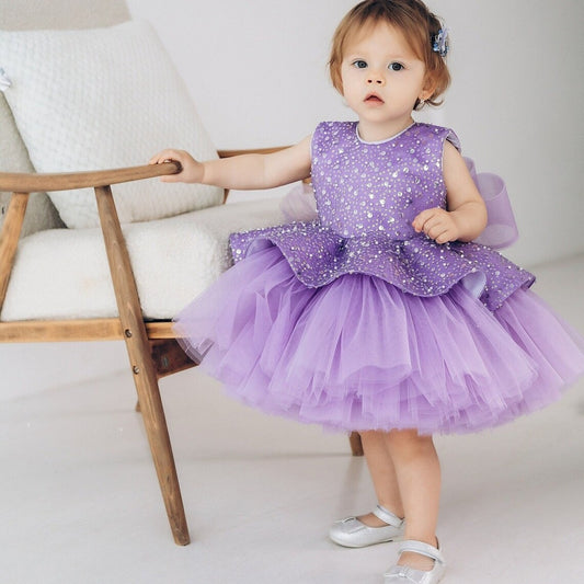 A AliExpress children's dress purple sequin fluffy skirt girl's birthday party princess dress girl baby one year old dress 0.8KG