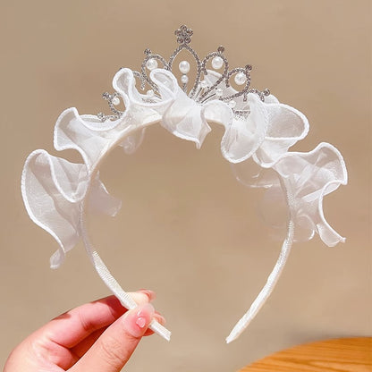 PRICE FOR 10 PIECE Princess temperament Crown tiara little girl gauze bow Pearl hairband pleated lace embroidered headband hairpin (weight:0.05kg)