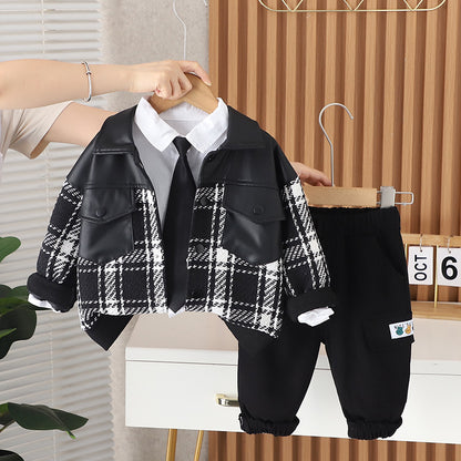 A Spring and Autumn Men's and Women's Suits Children's Spring and Autumn Plaid Crew Neck Sweater Suits Baby Handsome Three-piece Set