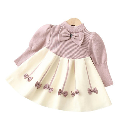 Suéter para niñas, falda, ropa para niños, suéter tejido, falda larga, otoño e invierno, nuevo estilo, lazo, pequeña falda de princesa dulce fragante 