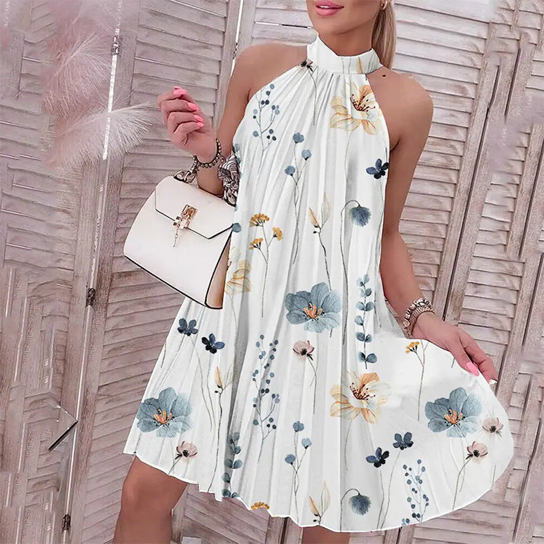 A European and American women's clothing 2023 new independent station Wish Amazon one button sleeveless printed hanging neck pleated dress