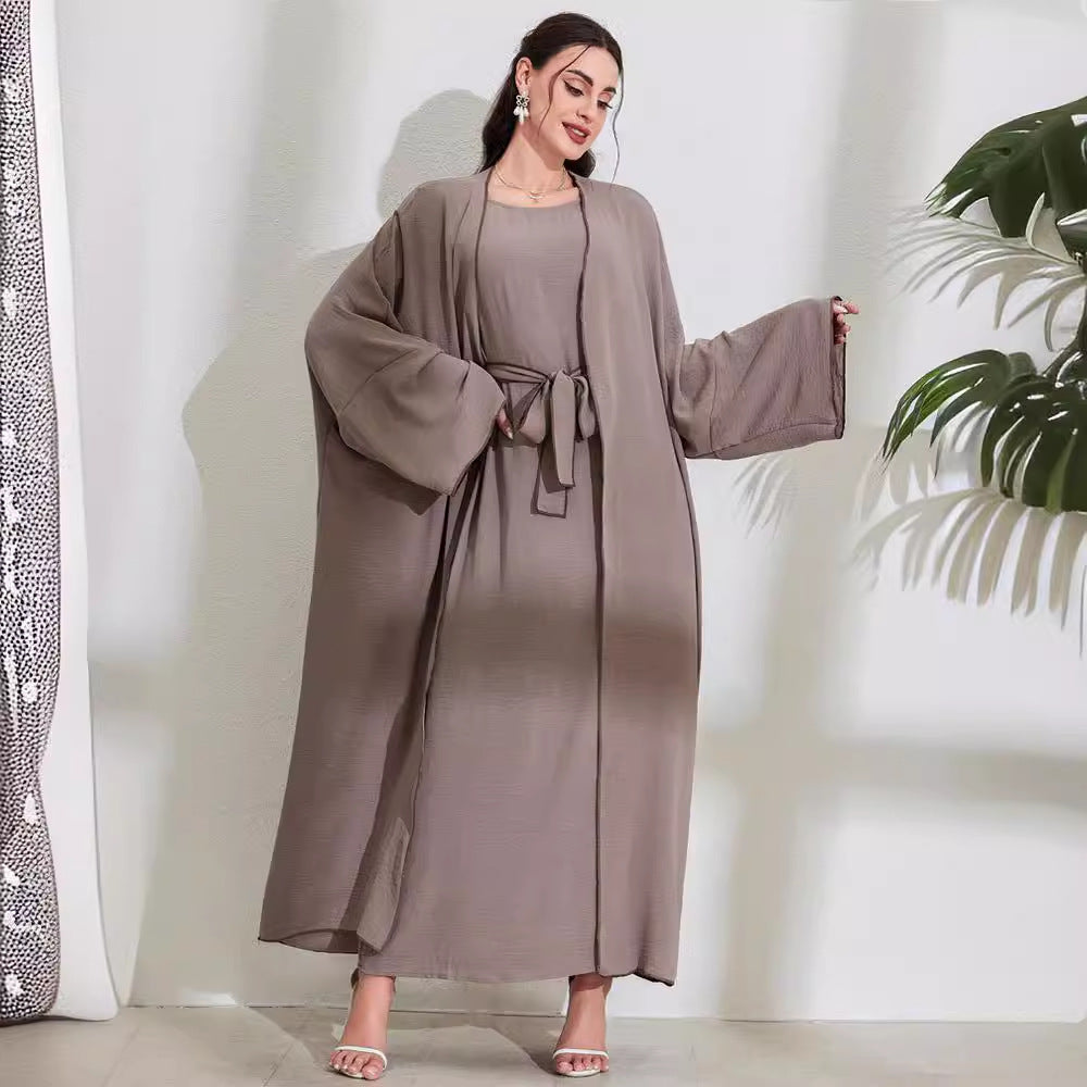 Women's Middle Eastern Muslim Clothing Fashion Elegant Cardigan Dress Belt Robe