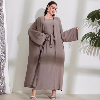 Women's Middle Eastern Muslim Clothing Fashion Elegant Cardigan Dress Belt Robe