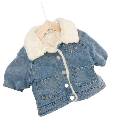 A Children's fleece thickened denim jacket, foreign style winter clothing, new girls' Korean version of denim clothes, baby tops trendy