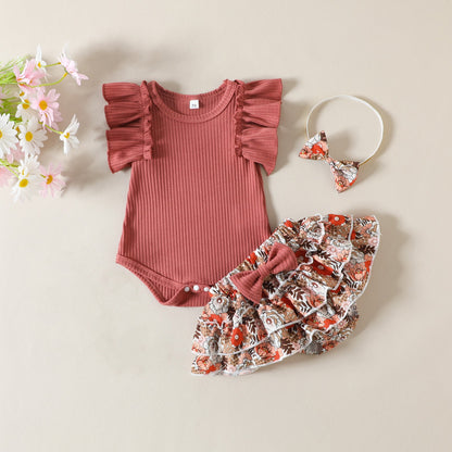 Children's summer baby girl set, 0-24M, baby ruffle edge sleeve jumpsuit, floral pants skirt, headband, 3-piece set, 0.2kg