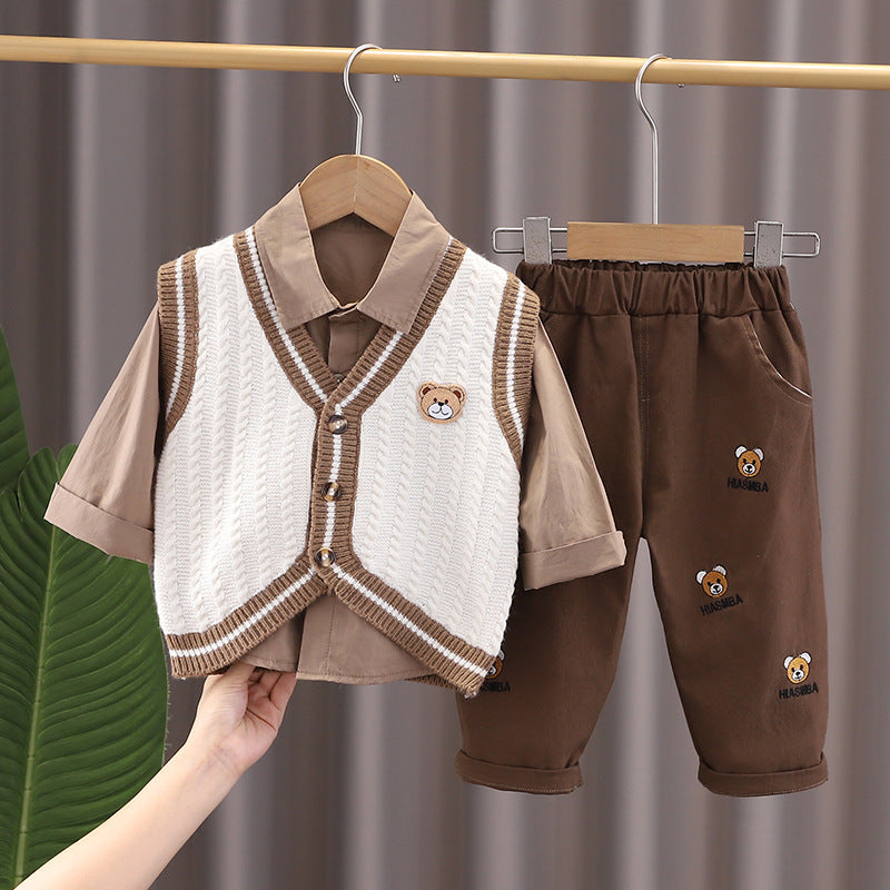 A boys autumn suit new children's spring and autumn foreign style boys baby sweater vest cardigan three-piece trendy set