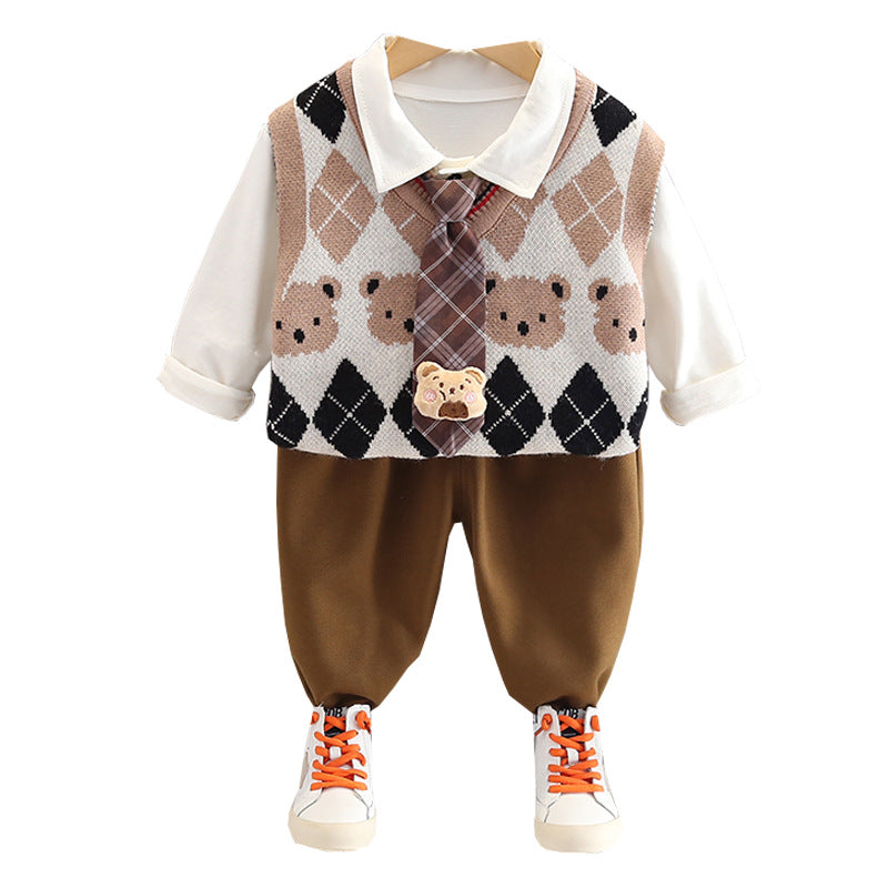 A children's autumn and winter three-piece set manufacturer wholesale boys and girls siblings sweater vest bow tie long-sleeved shirt