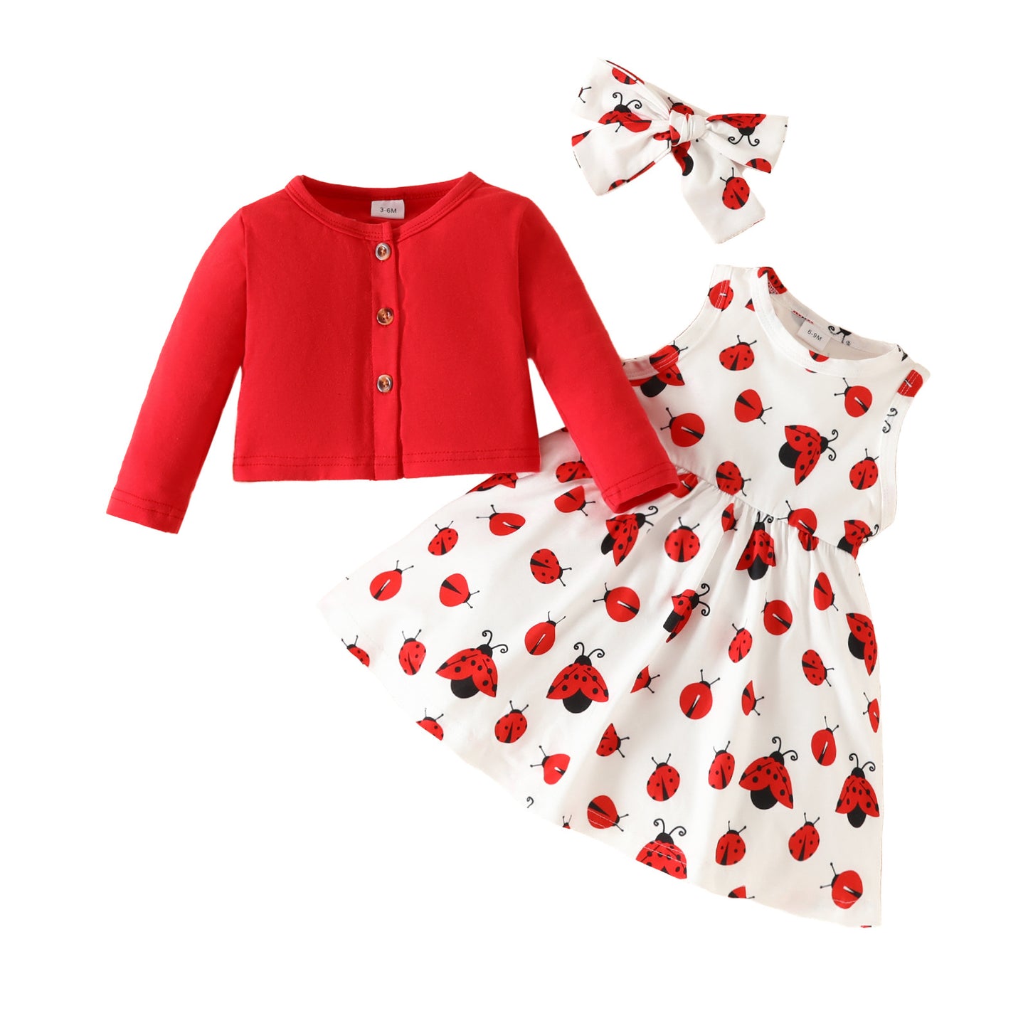 Baby Autumn New Solid Color Long Sleeve Cardigan Jacket Beetle Sleeveless Dress Ladybug Print Suit Skirt 0.2kg