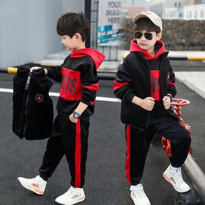 A boys autumn and winter suit new fleece thickened sweater three-piece set medium and older children's Korean version double-sided fleece children's clothing