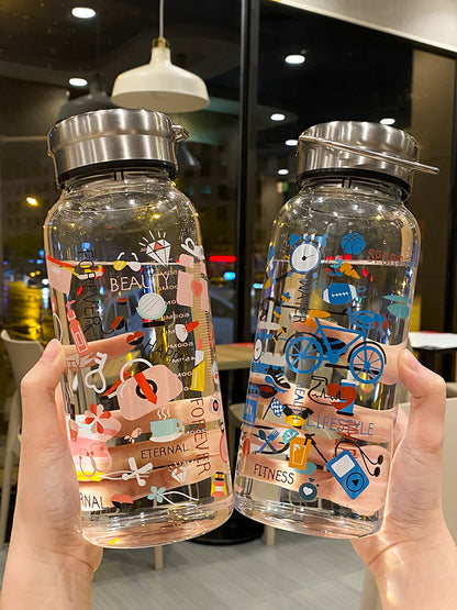 A 0WYV1000ml Household Large Capacity Water Bottle Portable for Men and Women with Filtered Tea Making Cup Fashionable Graffiti Heat Resistant Glass BOTTLES