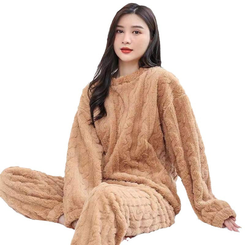 A Strictly selected coral fleece pajamas women's autumn and winter jacquard comfortable cotton fleece thickened loungewear two-piece set loose warm suit