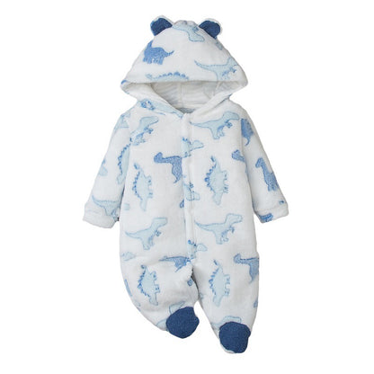 A winter thickened dinosaur print upright ears hooded feet Romper cute velvet newborn outing suit