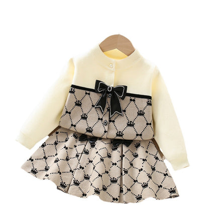 A girls sweater set autumn and winter new Korean version bow children's knitted long-sleeved cardigan short skirt two-piece set