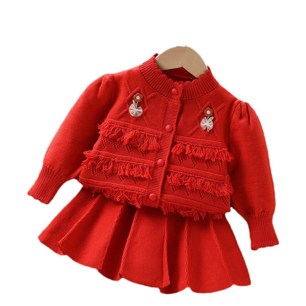 A girls sweater set autumn and winter new Korean version foreign style fringed flower little girl knitted cardigan two-piece set