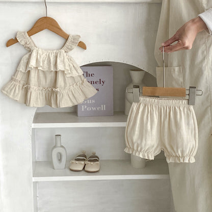 A 2024 Summer New Baby Girl Sweet Little Flying Sleeves Suspended Top+Clear Color Shorts 2-piece Set