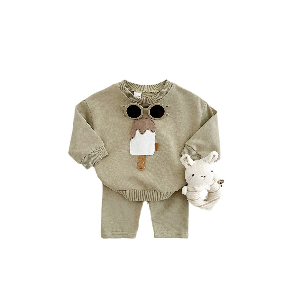 A two-piece set of cute ice cream for boys and girls, new long-sleeved trousers, baby set, casual sportswear, autumn and winter models