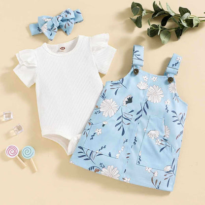 Children's Clothing Spring Summer Korean Girl Flying Sleeve Short Sleeve Bag Fart Dress Flower Print Strap Dress Baby Set 0.15kg