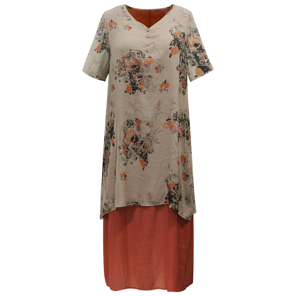 Plus size women's long skirt, round neck pullover, fake two piece cotton and linen dress, printed skirt wholesale